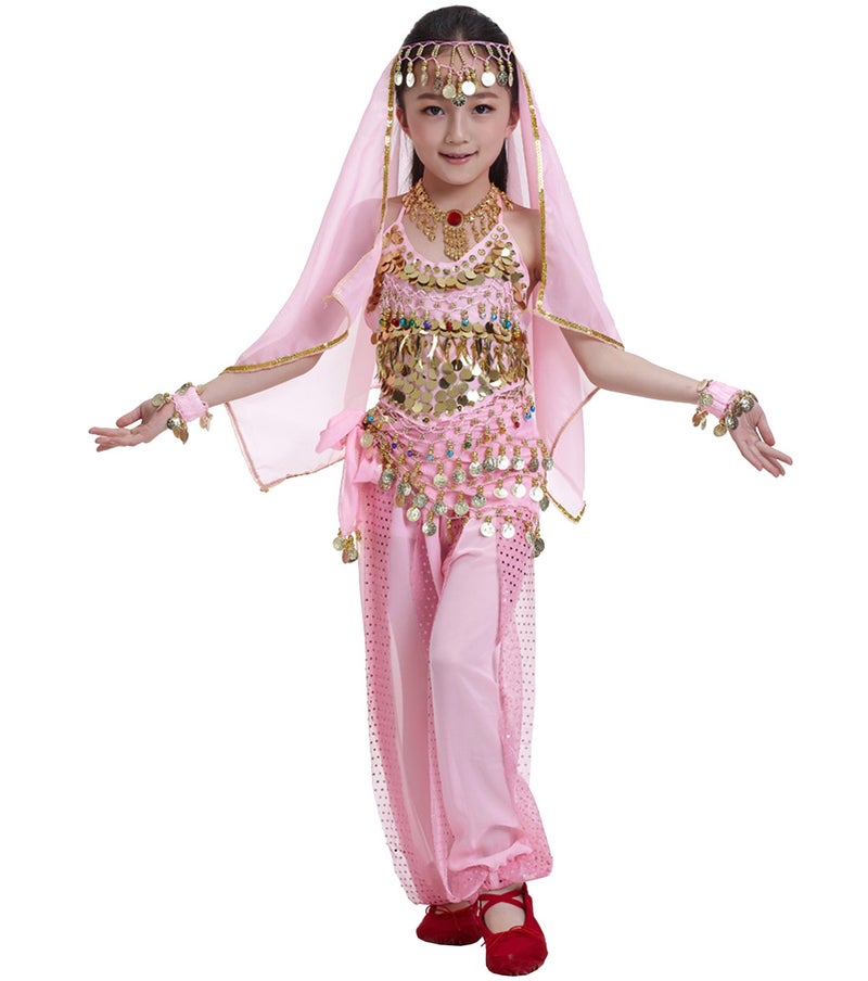 Astage Kids Princess Girl Indian Belly Dance Costume Cosplay Bollywood Ornaments Pink L - Image 1